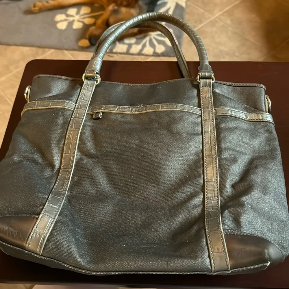 Brighton Silver Coated Canvas Satchel Tote Leather Trim Large Bag Rare
